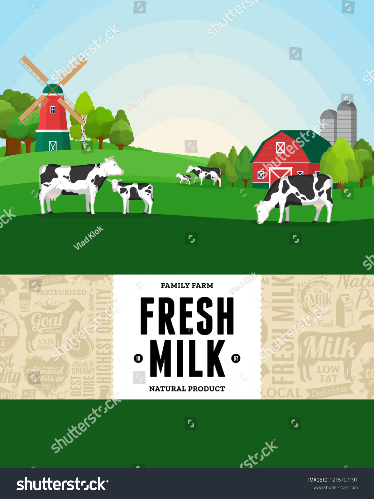 Vector Milk Illustration Rural Landscape Cows Stock Vector (Royalty ...