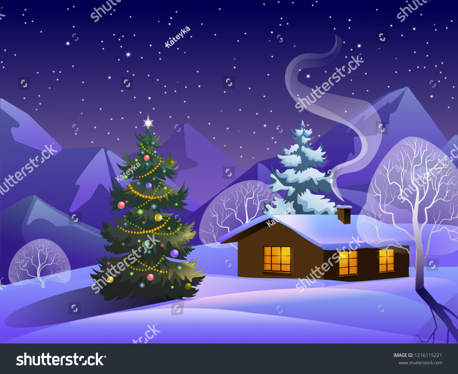 Snowy Winter Landscape House Mountains Christmas Stock Vector (royalty 