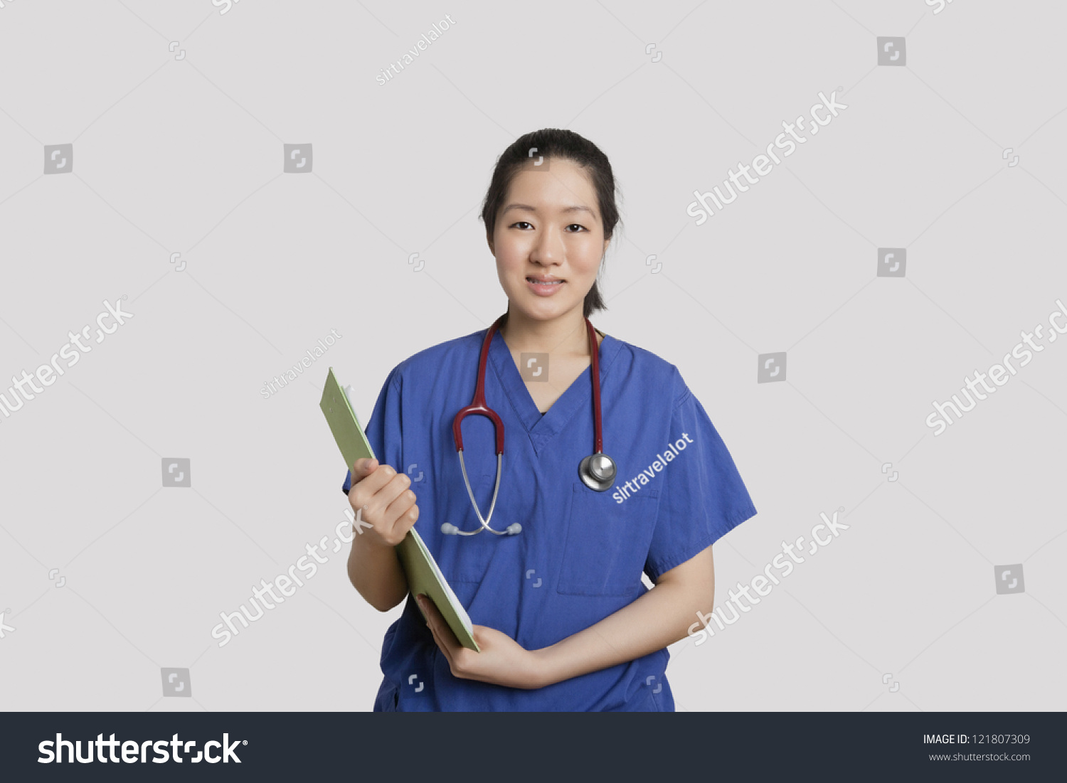 Portrait Asian Female Nurse Holding Clipboard Stock Photo 121807309 ...