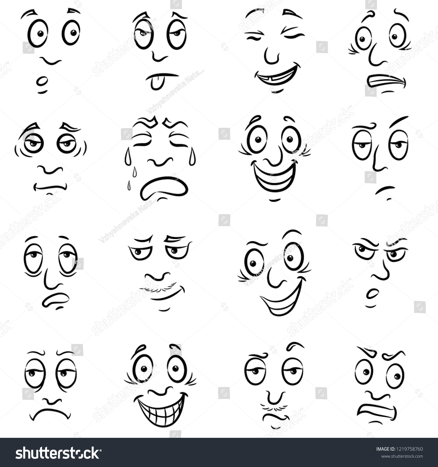 Set Sixteen Funny Male Grimaces Sketching Stock Illustration 1219758760 ...