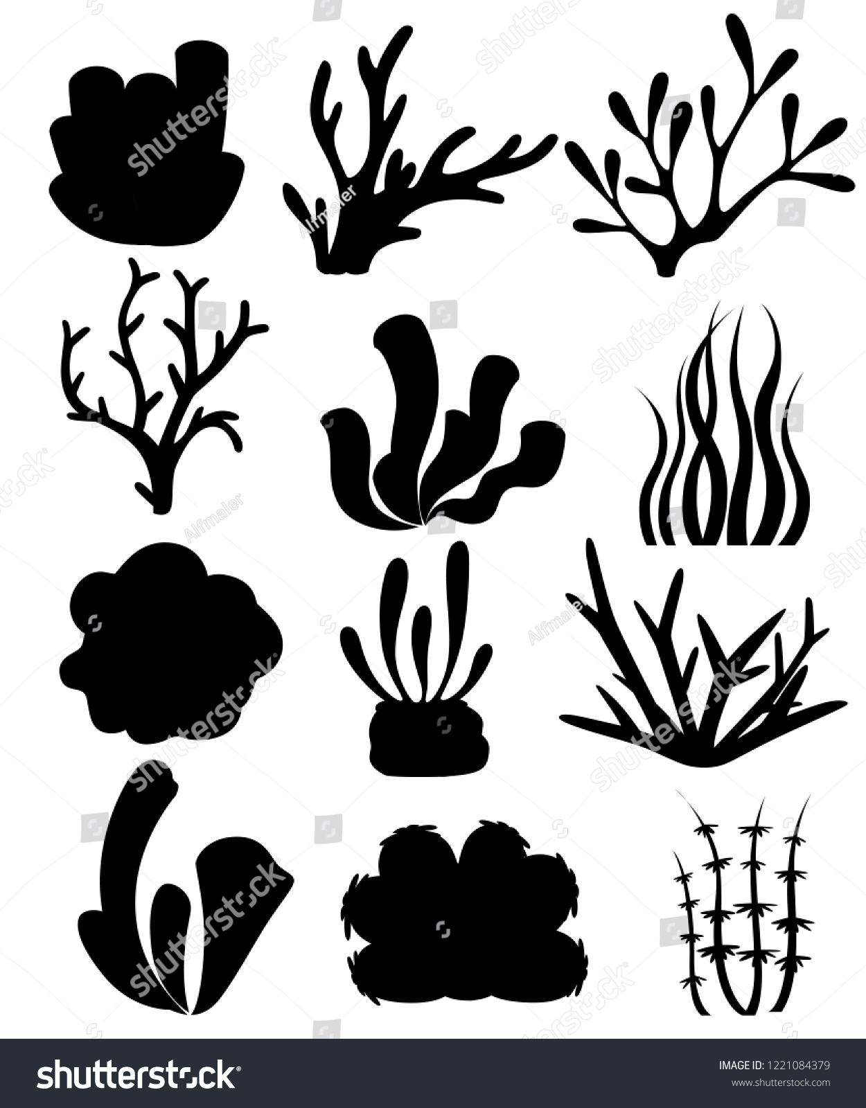 Black Silhouette Collection Corals Seaweed Deep Stock Vector (Royalty ...