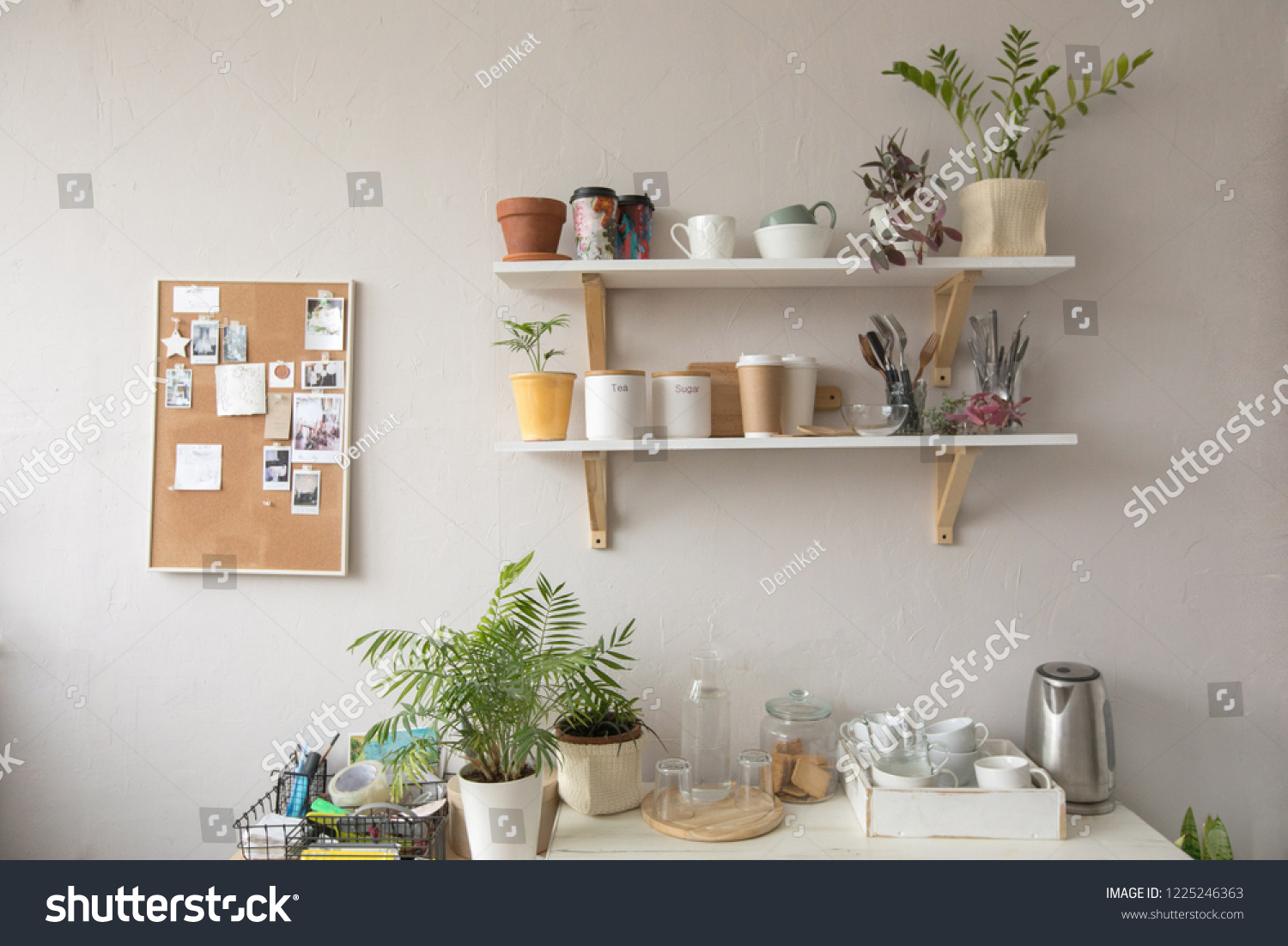 1 264 Im Genes De Kitchen Notice Board Im Genes Fotos Y Vectores De   Stock Photo Pots With Various Houseplants And Assorted Dishware Standing On Shelf And Cupboard In Cozy Kitchen 1225246363 