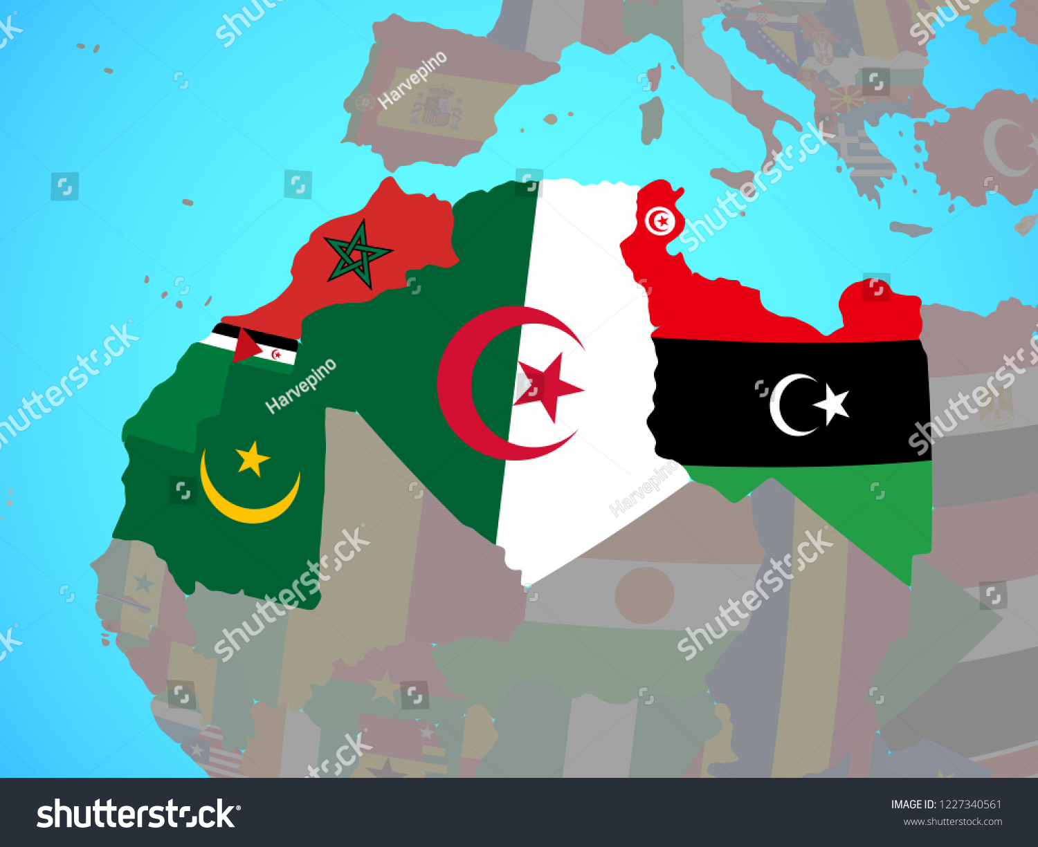 Maghreb Region National Flags On Blue Stock Illustration 1227340561