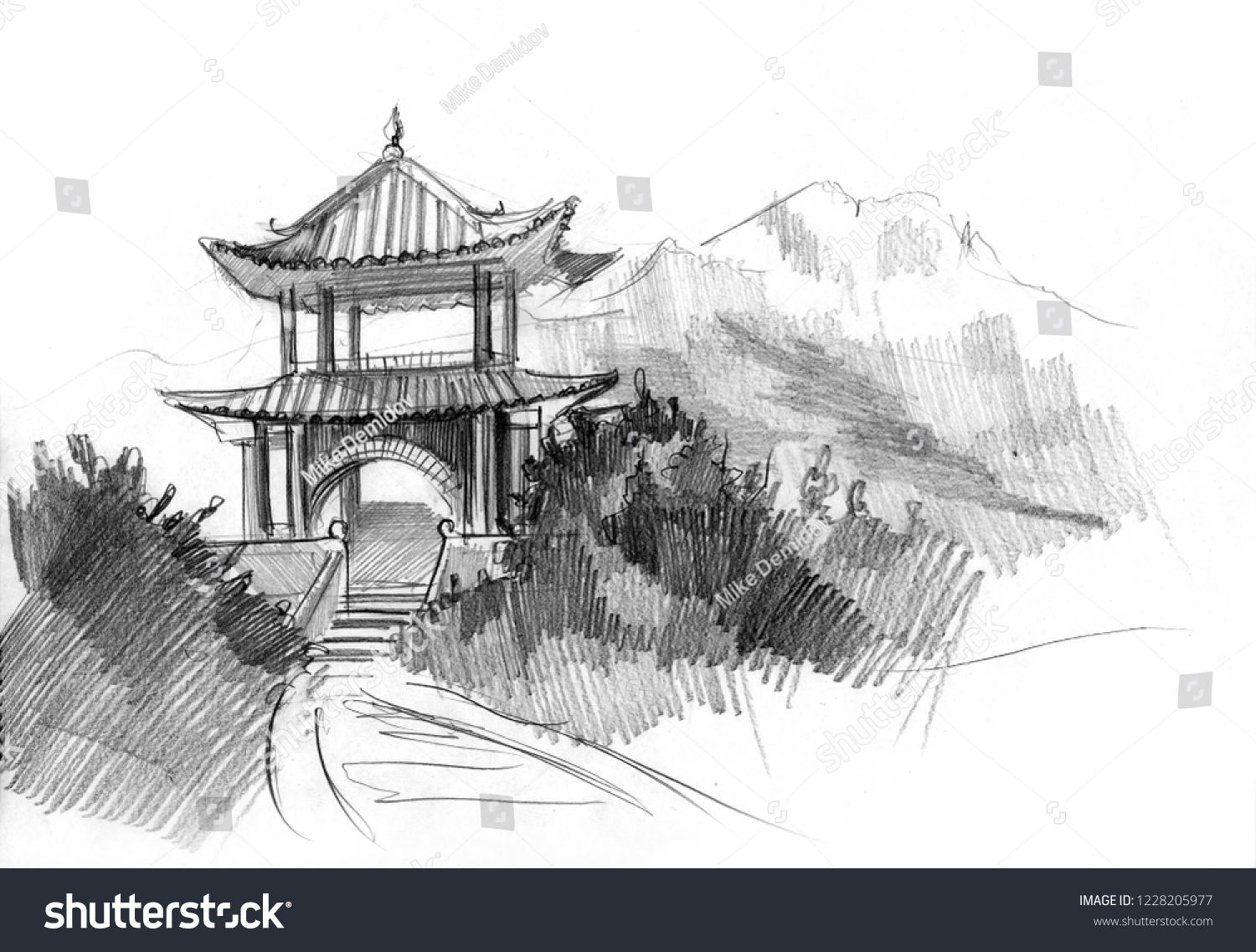 Pencil Drawing Traditional Architecture China Province Stock ...