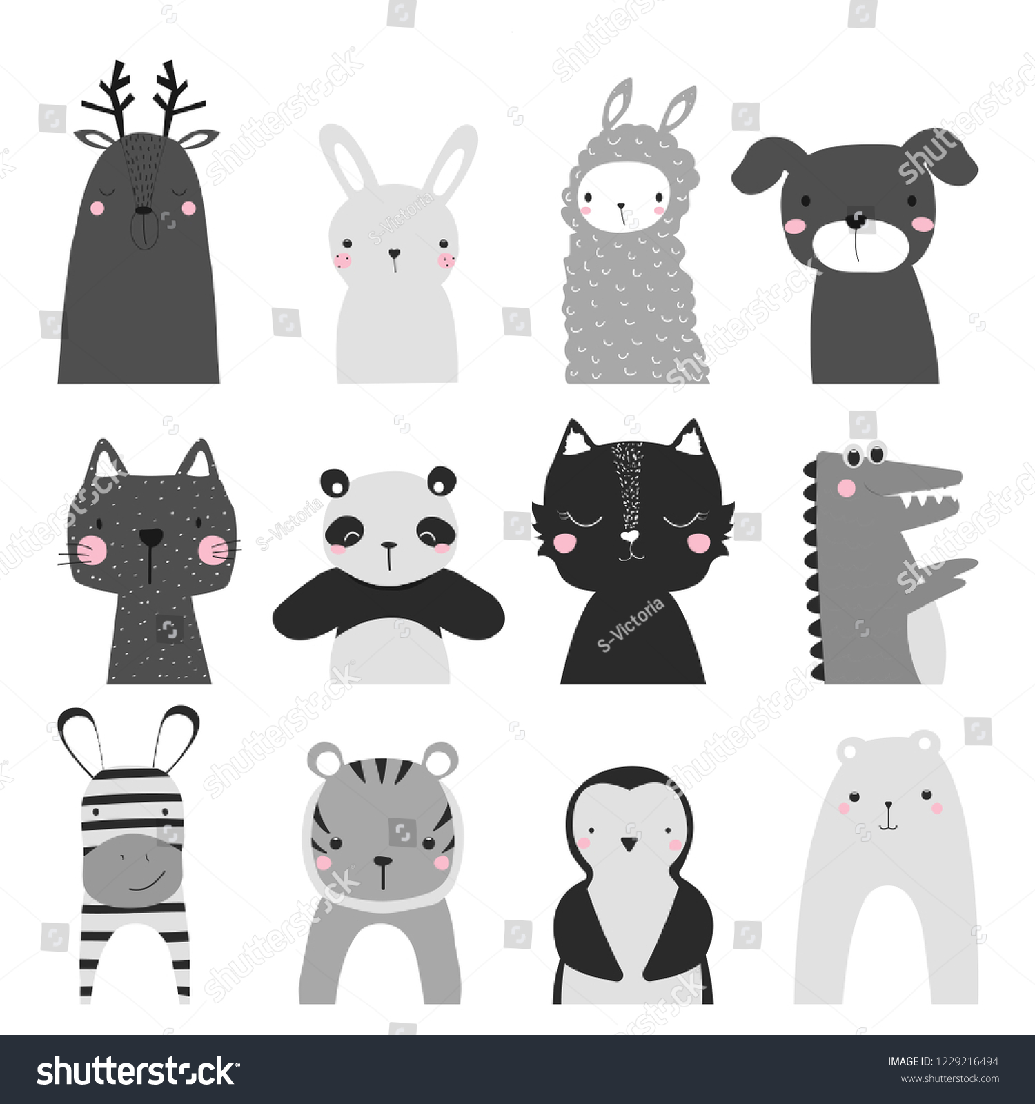 Black White Set Cute Animals Childish Stock Vector Royalty Free