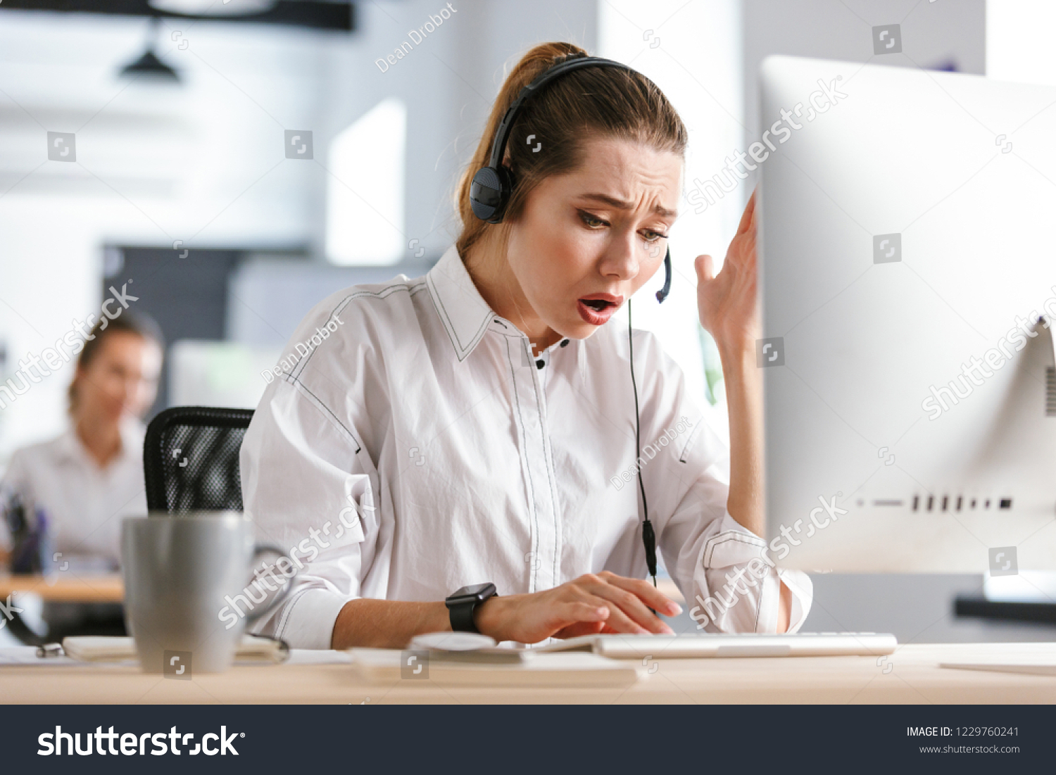 Upset Frustrated Young Woman Wearing Microphone Stock Photo 1229760241 