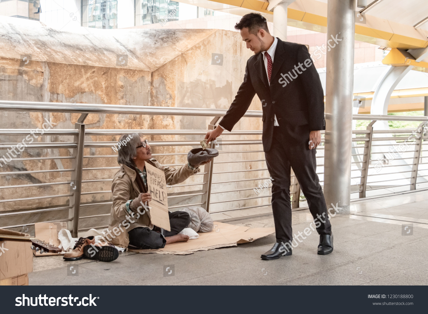 7 Businessman Giving Money To Pity Beggar. Rich Man Donate One Dollar ...