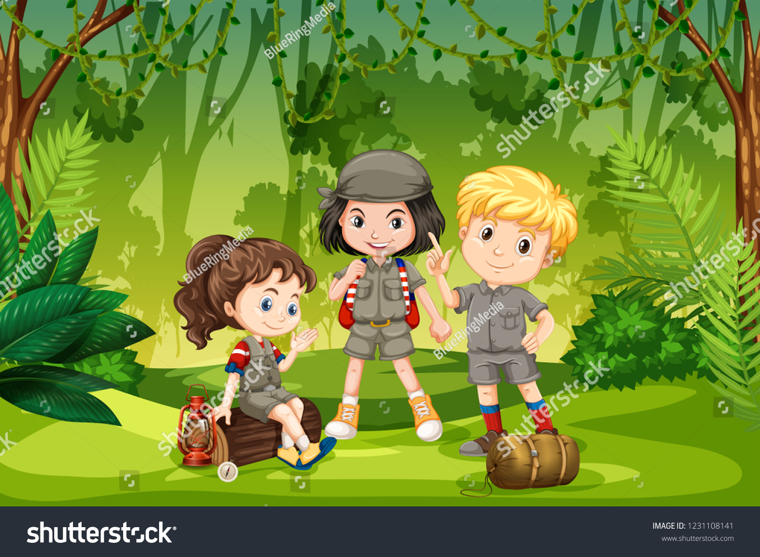 Three Scout Kids Jungle Illustration Stock Vector (Royalty Free ...