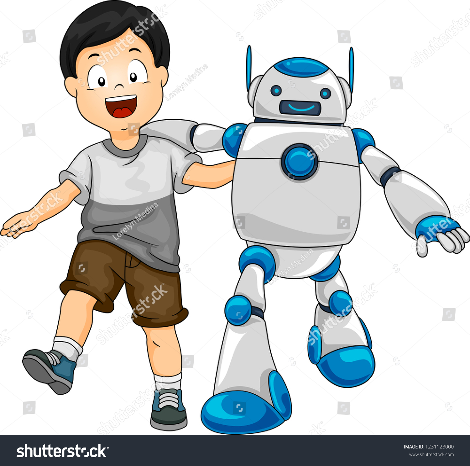 Illustration Kid Boy Walking Robot Friend Stock Vector (Royalty Free ...