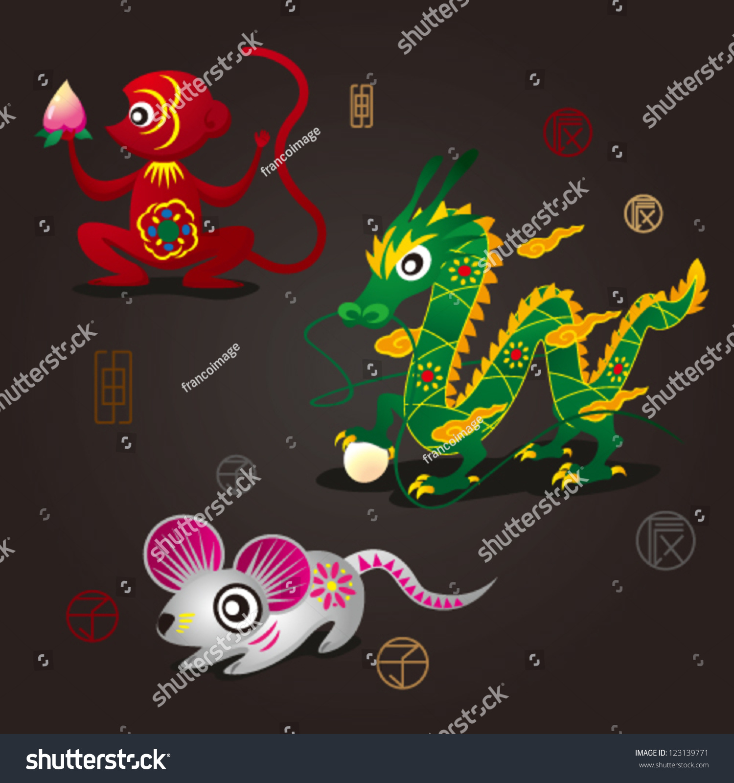 3 Chinese Zodiac Mascots Monkey Dragon Stock Vector (Royalty Free