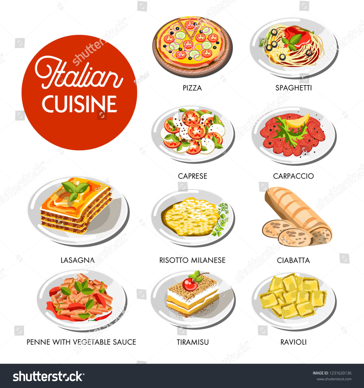 Italian Cuisine Food Traditional Dishes Pasta Stock Vector (Royalty ...