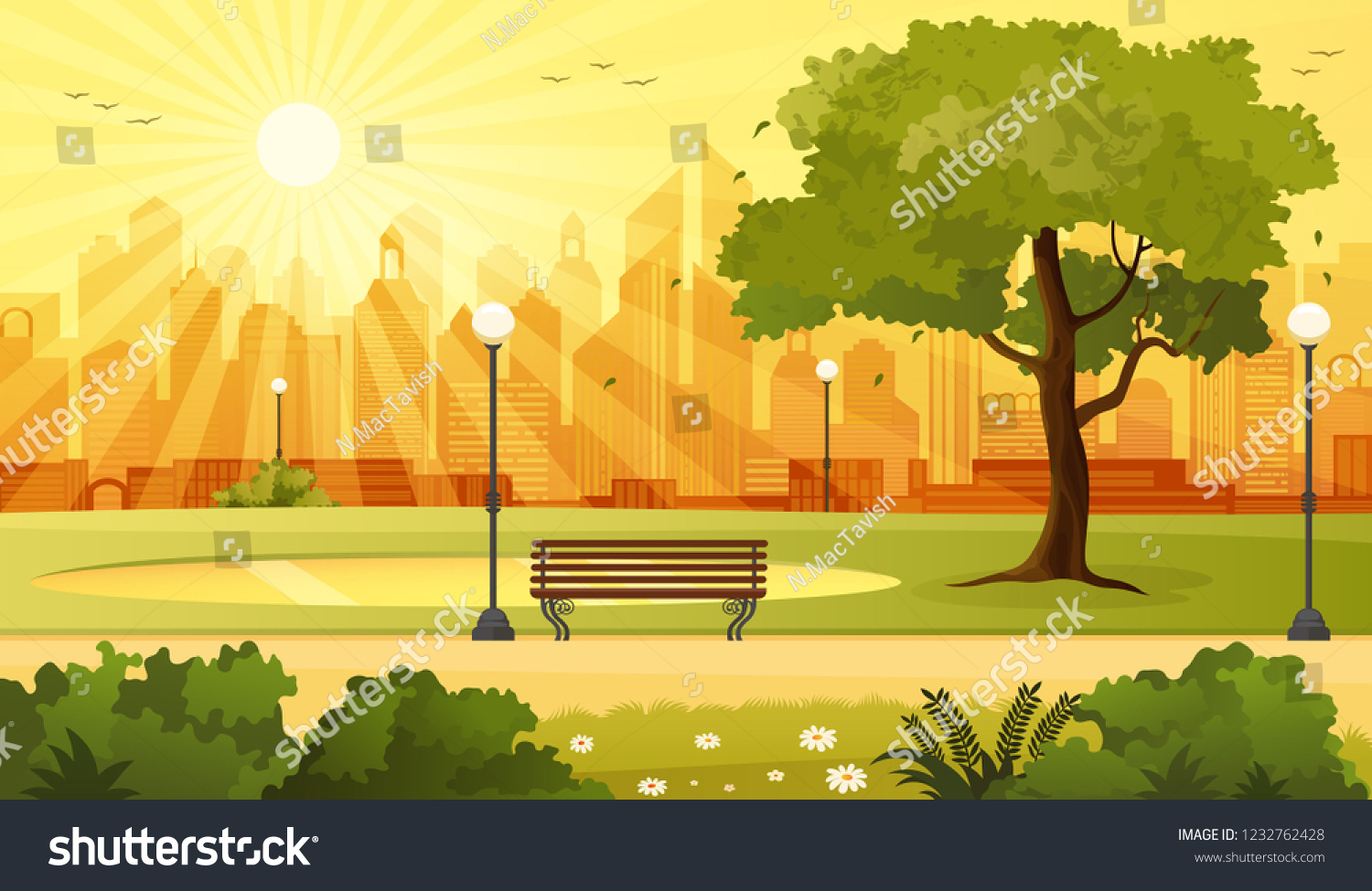 Summer City Park Panorama Sunset Vector Stock Vector (Royalty Free ...