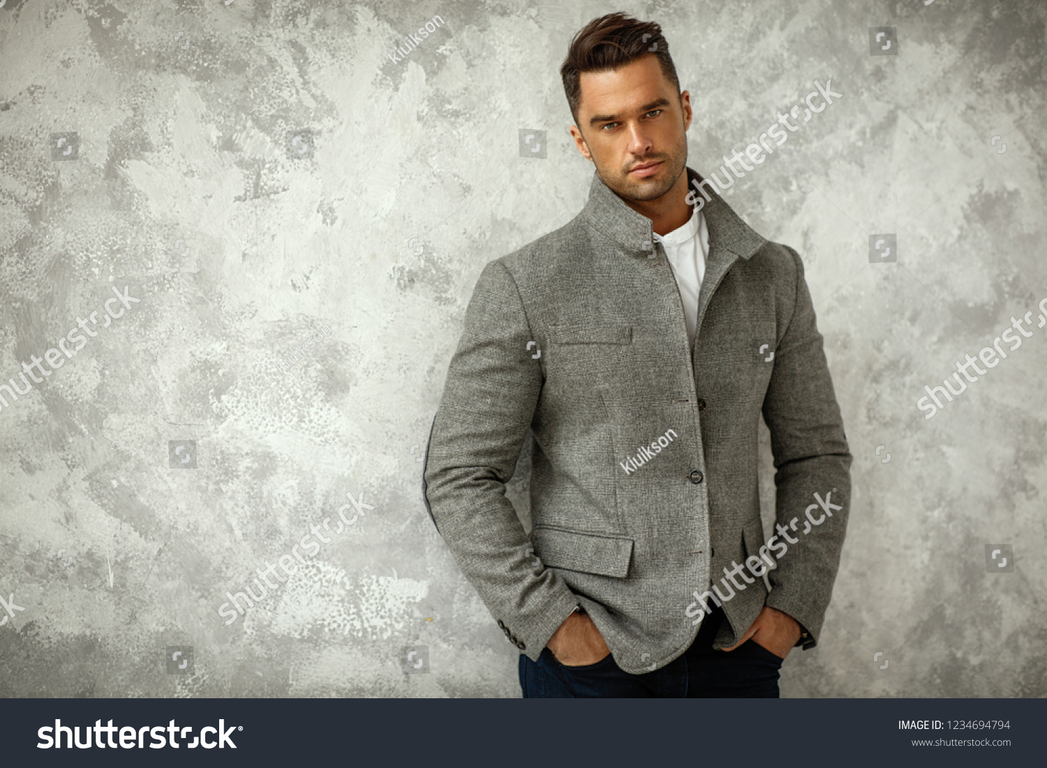 Portrait Handsome Man Gray Stylish Jacket Stock Photo 1234694794 ...