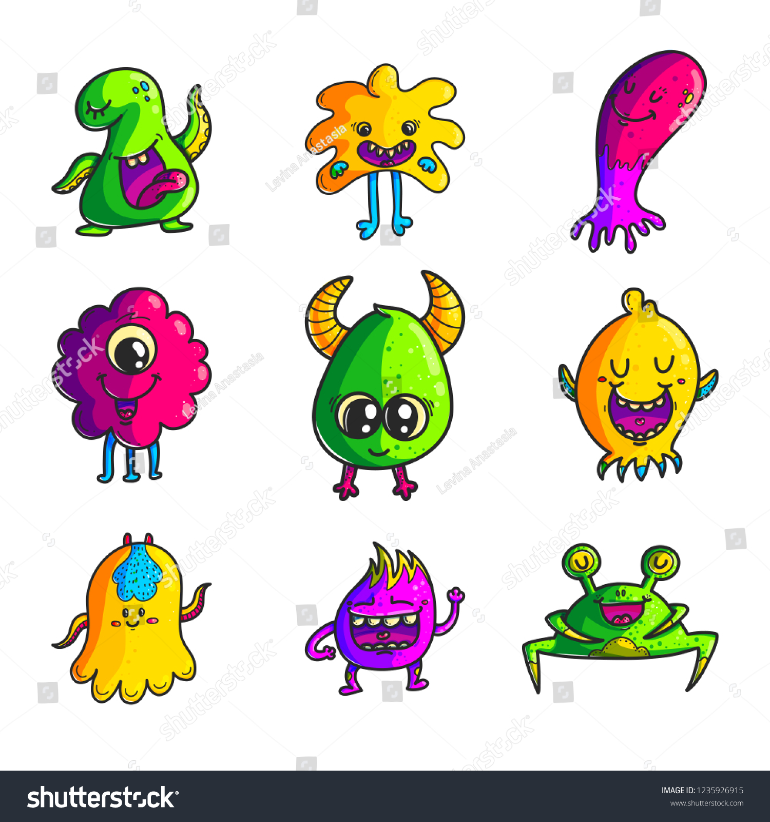 Cute Monsters Color Hand Drawn Characters Stock Vector (Royalty Free ...