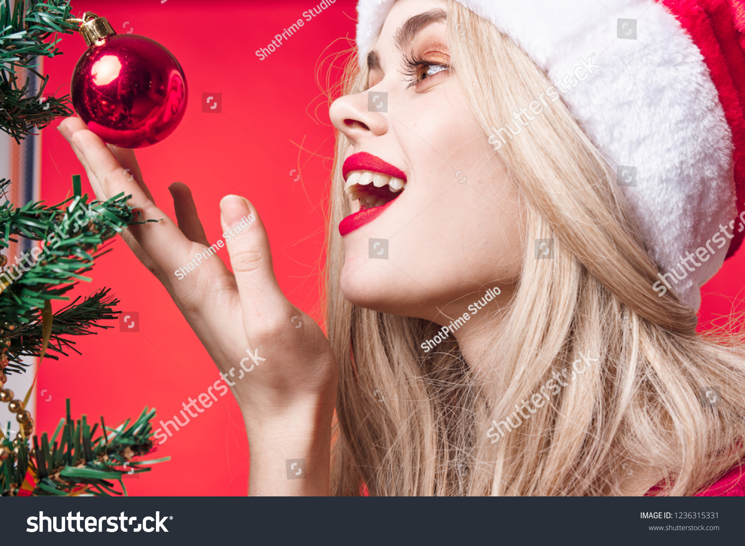 Happy Woman Holiday Hat Looks Decorations Stock Photo 1236315331