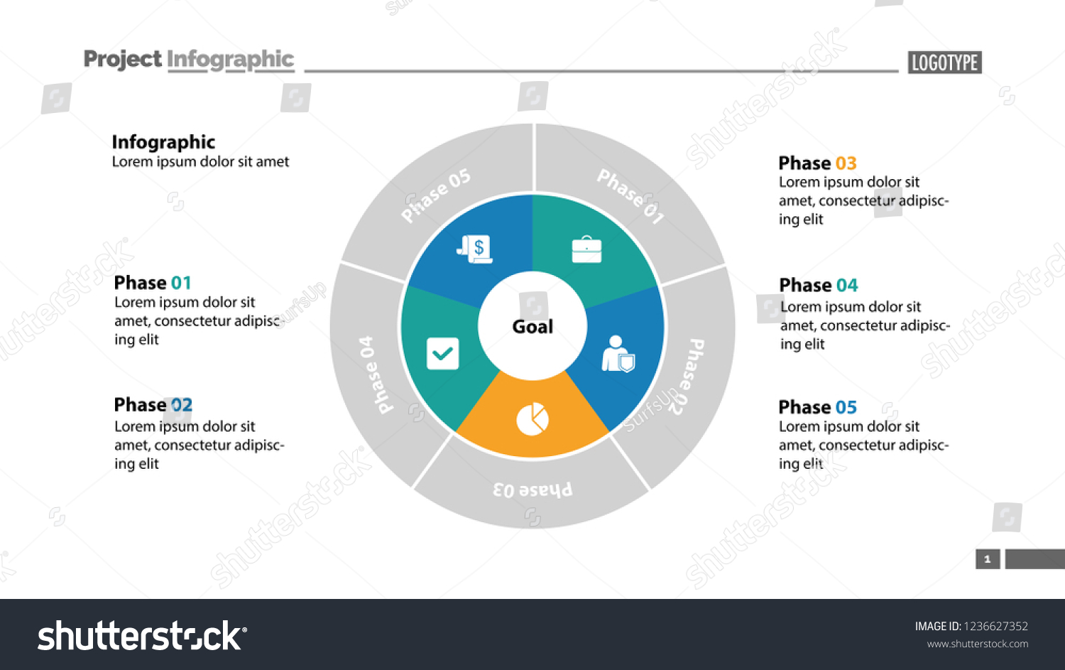 Five Sectors Process Chart Slide Template Stock Vector (Royalty Free ...