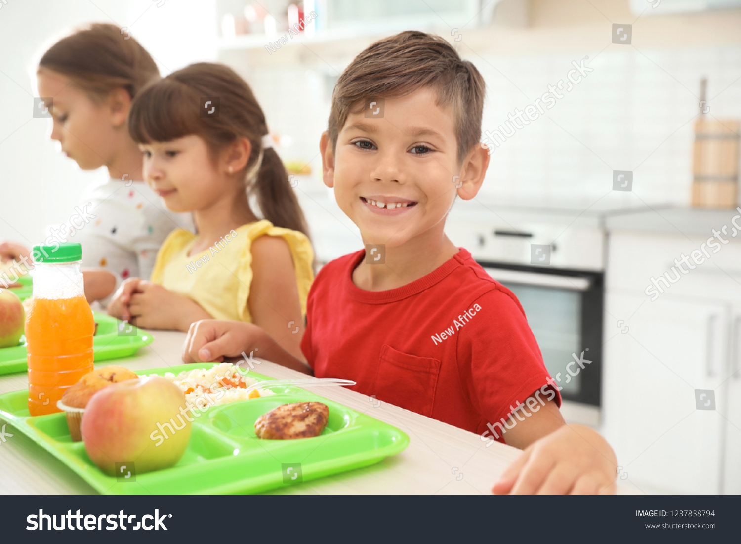 Children Sitting Table Eating Healthy Food Stock Photo 1237838794 ...