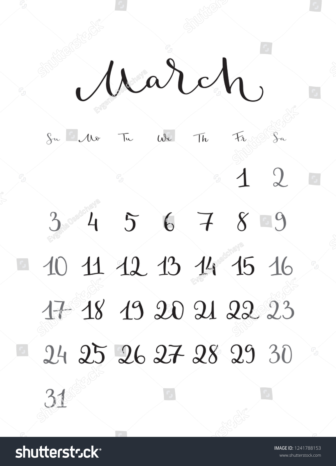 March Monthly Calendar 2019 Year Handwritten Stock Vector (royalty Free 