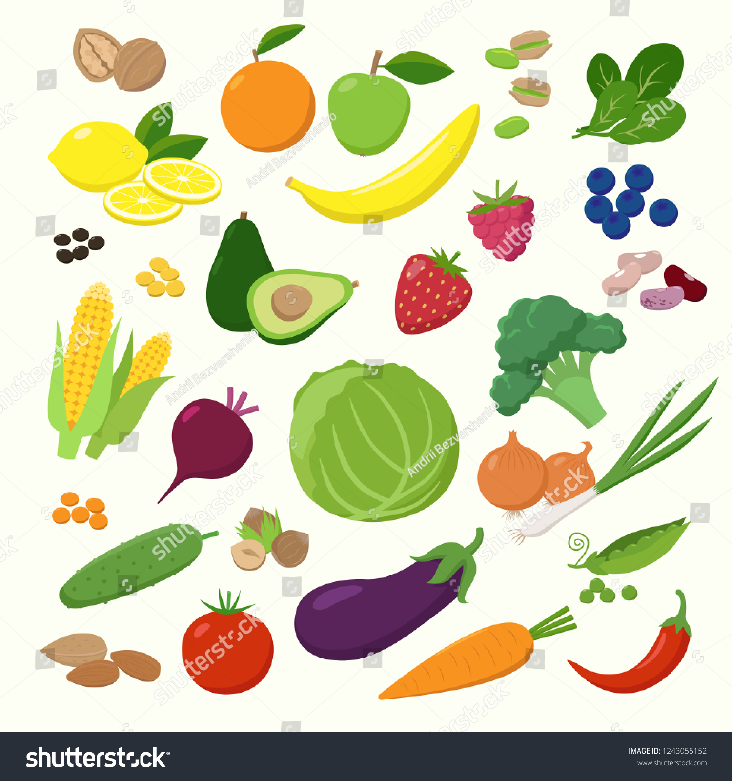 Large Set Fruits Vegetables Berries Flat Stock Vector (Royalty Free ...