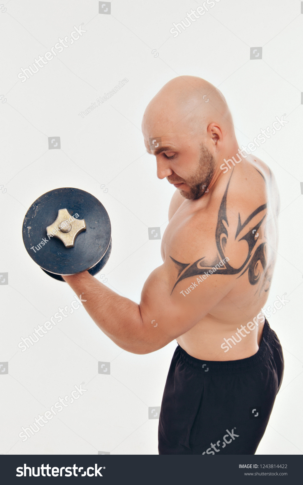 Naked Muscular Man Lifts Heavy Dumbbells Stock Photo Shutterstock