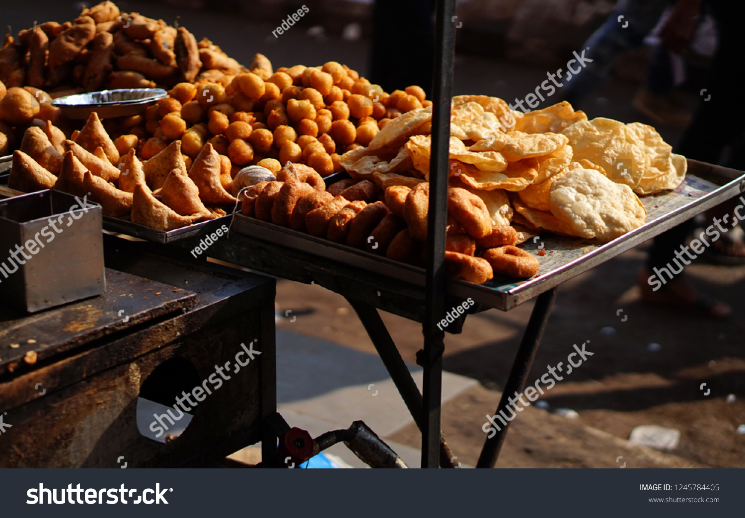 Indian Street Food Vendor Display Assorted Stock Photo 1245784405