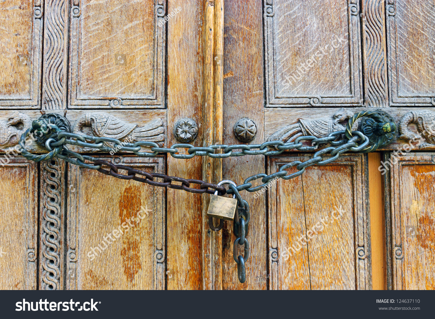 14 969 Church Lock Images Stock Photos Vectors Shutterstock   Stock Photo Locked Wooden Door 124637110 