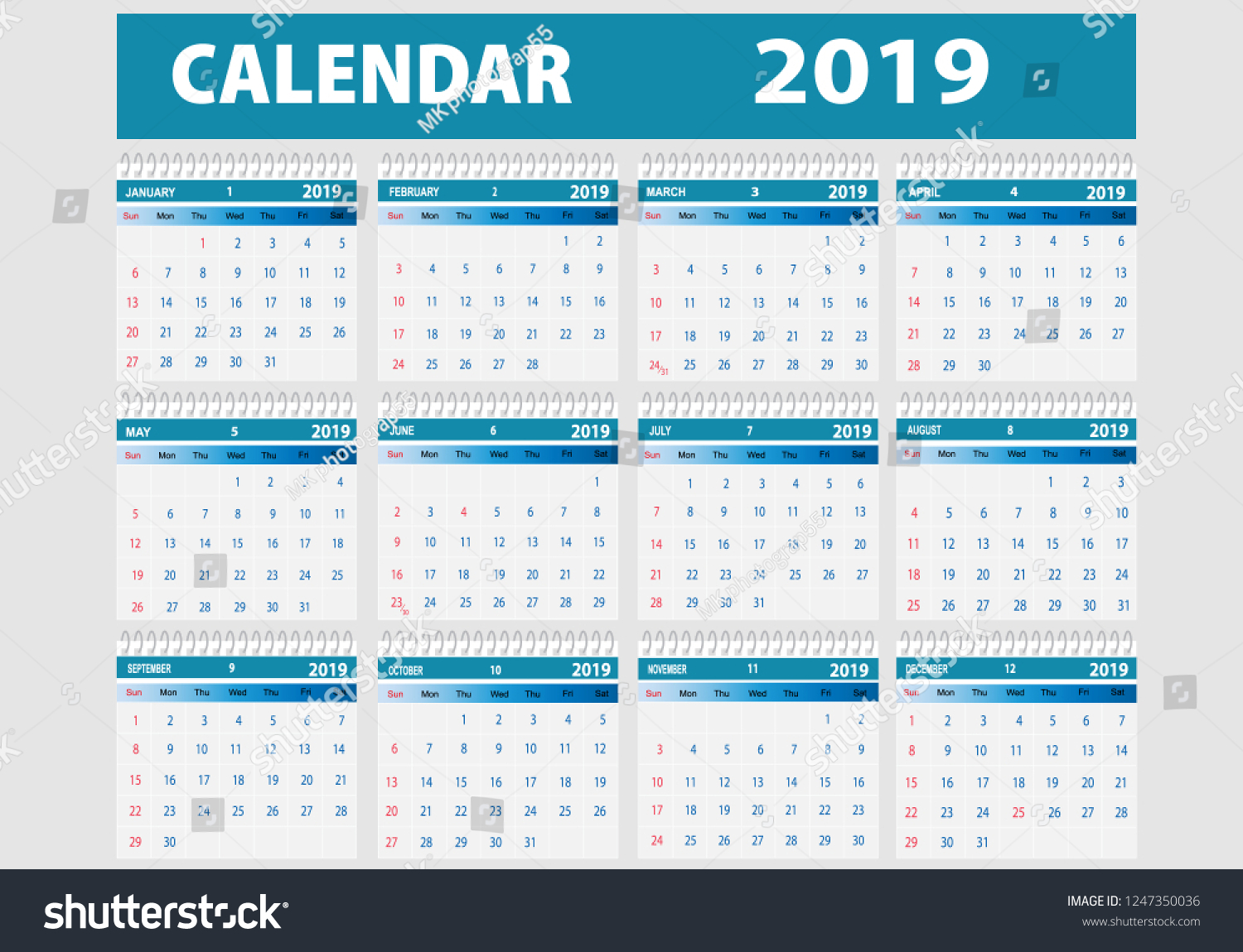 Vector Illustration Template Calendar 2019 Can Stock Vector (Royalty ...