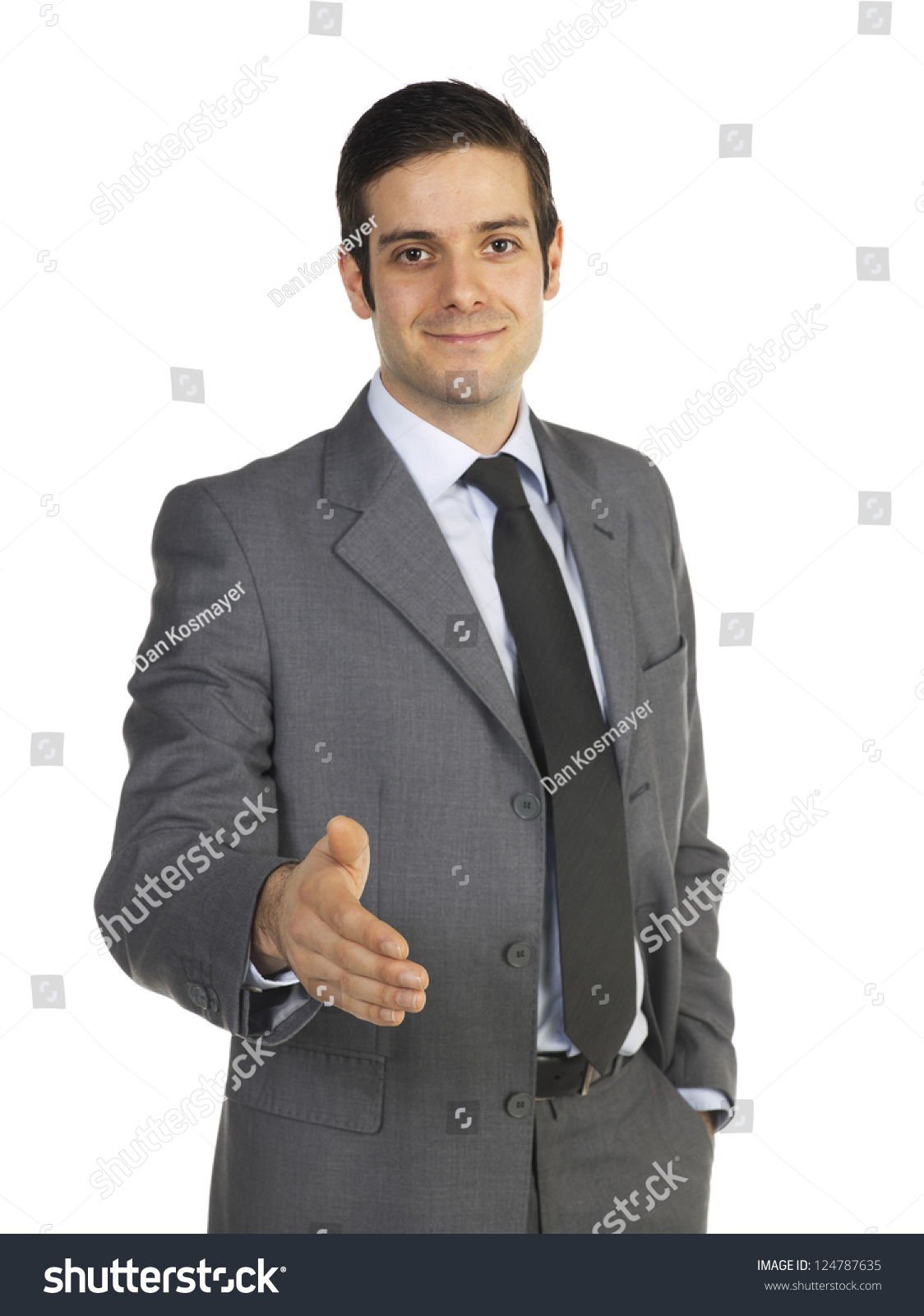 Portrait Handsome Young Businessman Gesturing Handshake Stock Photo