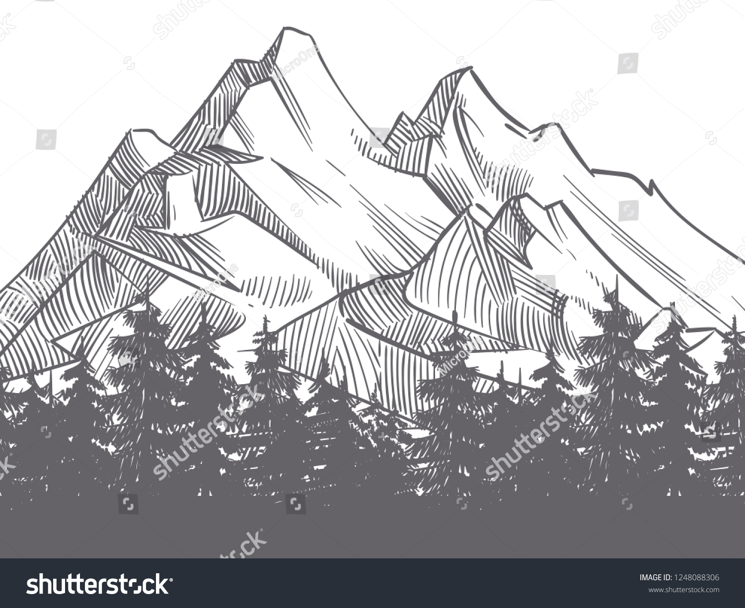 Hand Drawn Nature Landscape Mountains Fores Stock Vector (Royalty Free ...