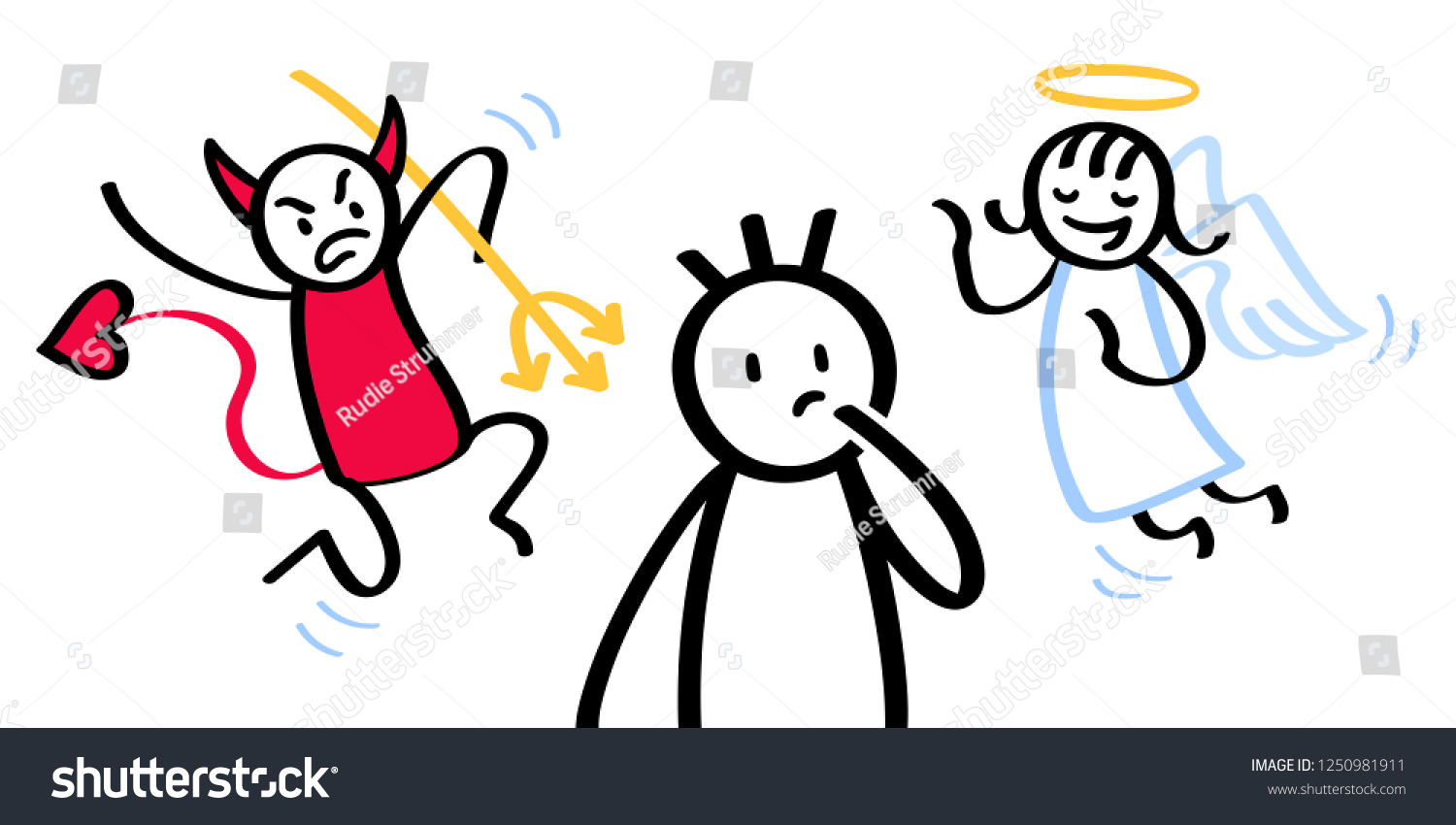 Confused Stick Man With Conflicting Shoulder Angel And Devil Stock