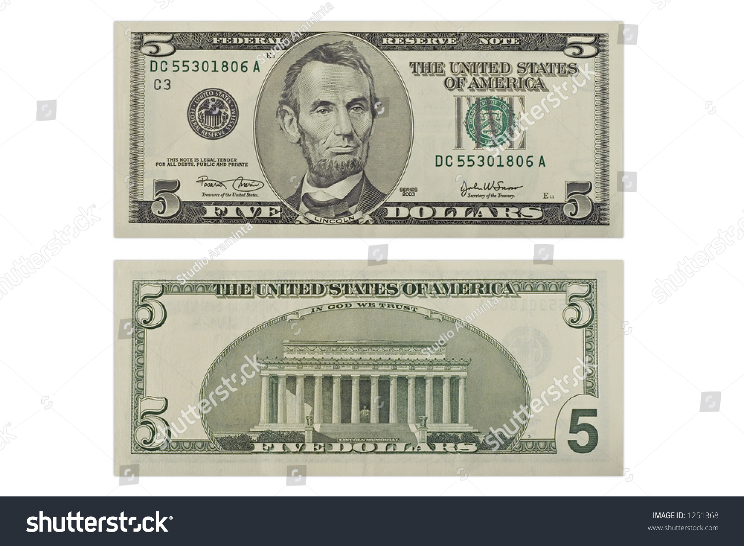 Five Dollars Bank Note Isolated Over Stock Photo 1251368 | Shutterstock