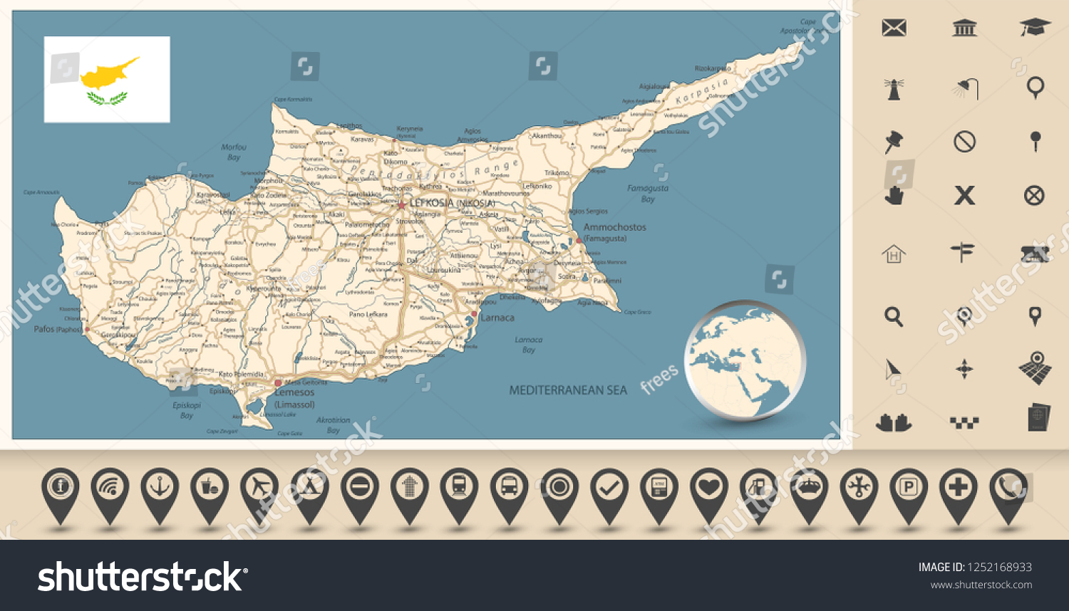 Cyprus Road Map Map Icons Detail Stock Vector (Royalty Free) 1252168933 ...