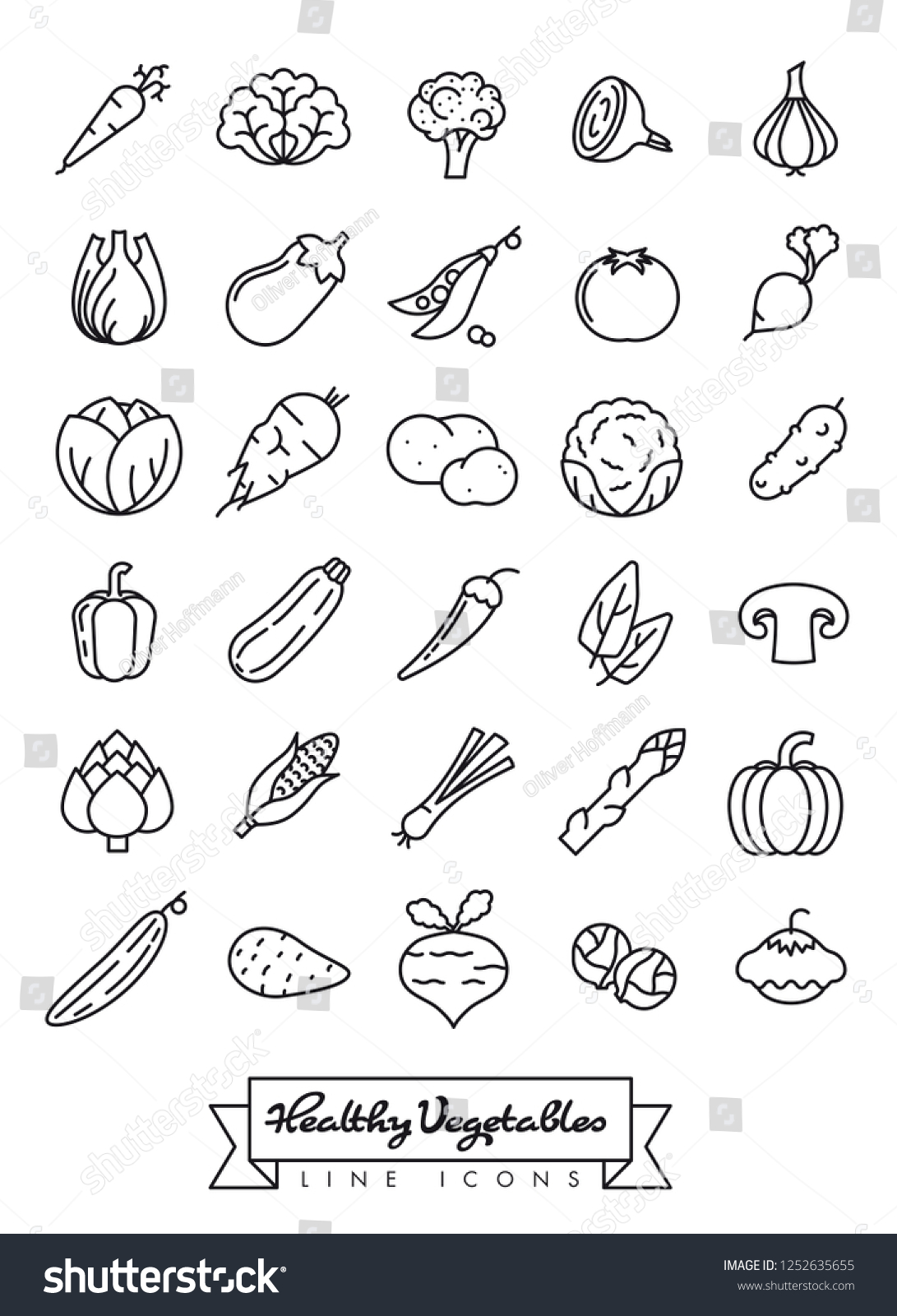 Collection Vegetables Outline Vector Icons Isolated Stock Vector 