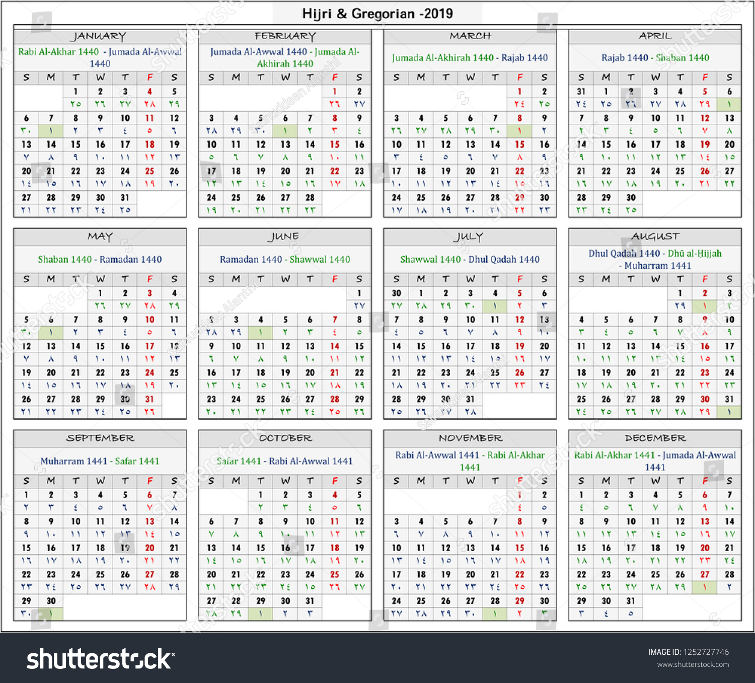 Hijri Gregorian Calendar Year 2019 Stock Illustration 1252727746 ...