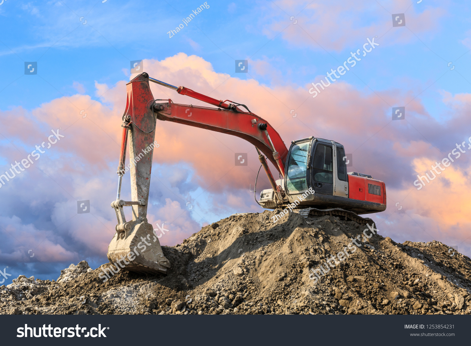 Excavator Work On Construction Site Sunset Stock Photo 1253854231 ...