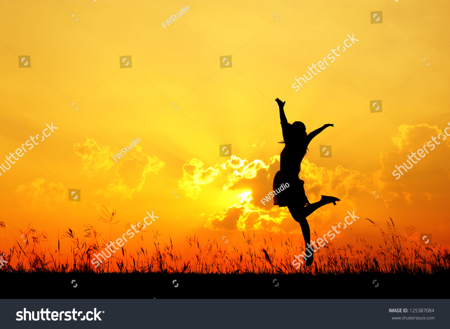 Happy Woman Jumping And Sunset Silhouette Stock Photo   Image Of Female