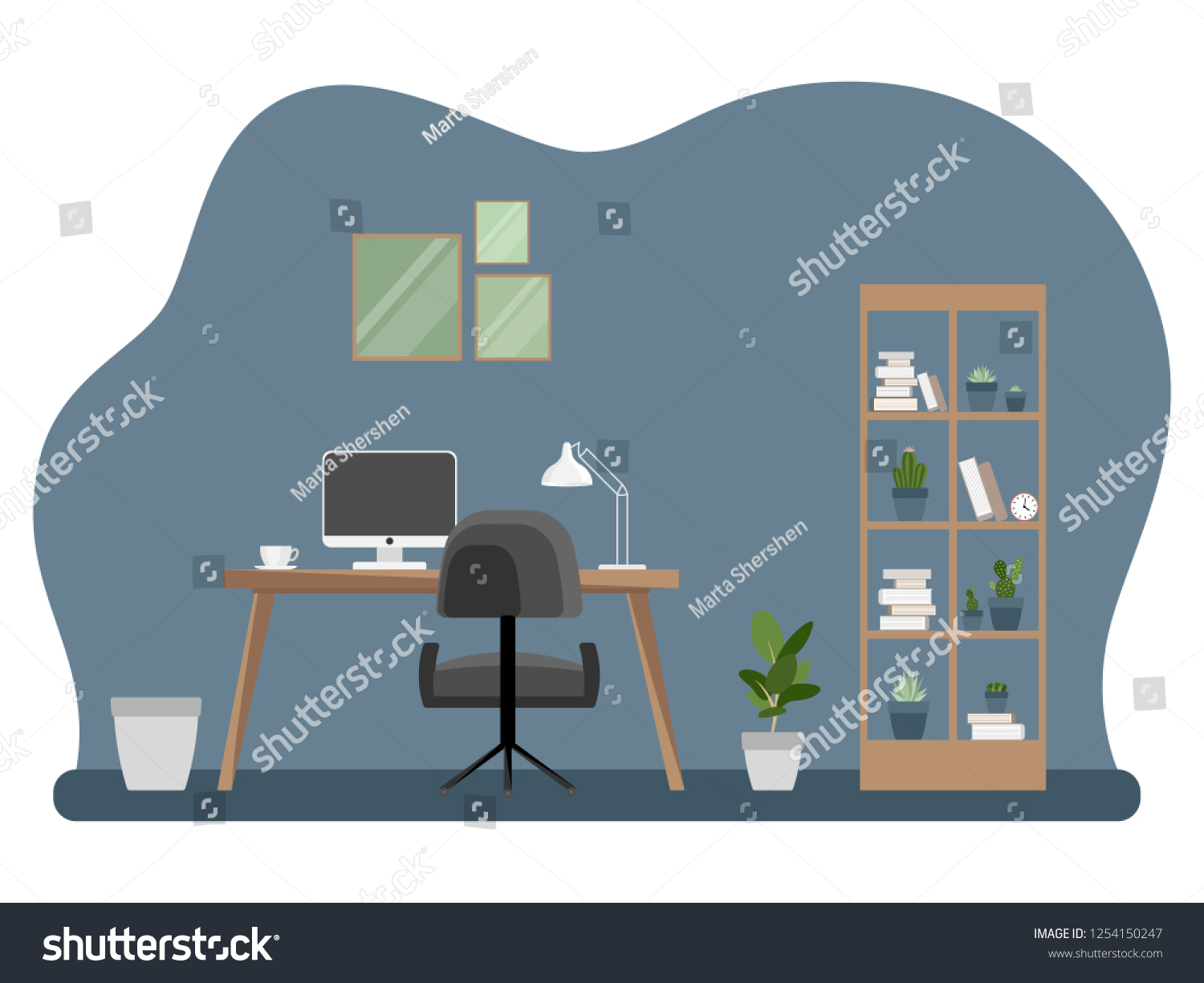 Interior Office Workplace Furniture Flat Cartoon Stock Vector (Royalty ...