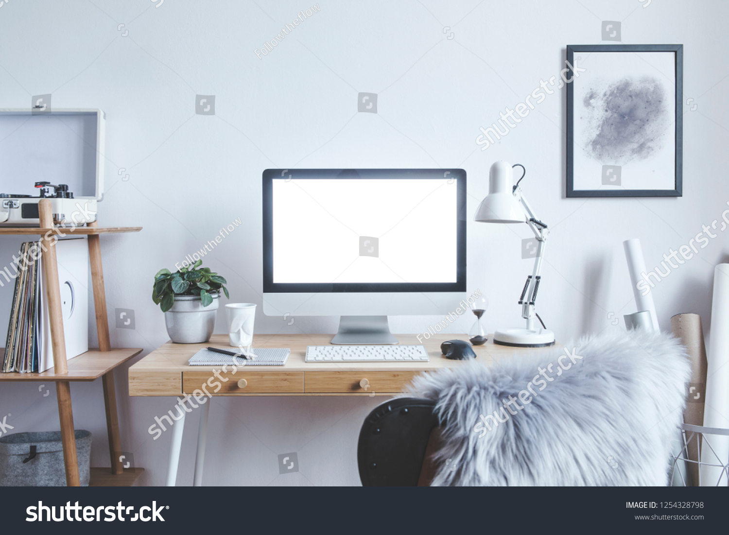 Stock Photo Stylish Scandinavian Interior Of Home Creative Desk With Mock Up Computer Screen Poster Frame 1254328798 