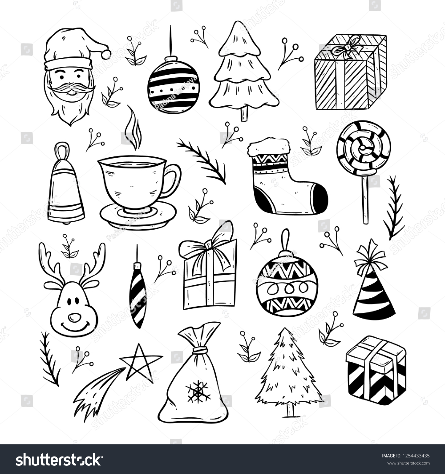 Collection Cute Christmas Icons Black White Stock Vector (Royalty Free ...