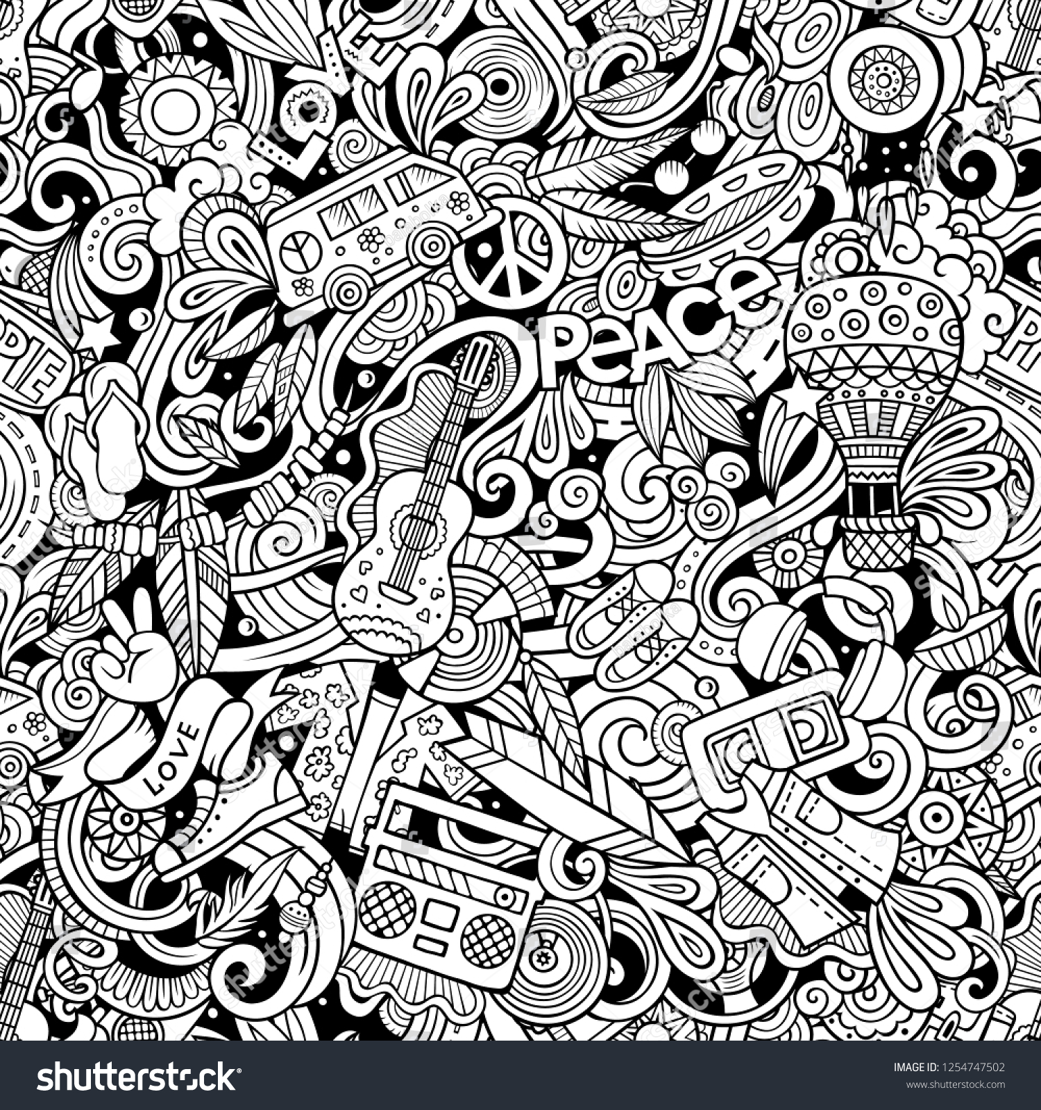 Hippie Hand Drawn Doodles Seamless Pattern Stock Vector (Royalty Free ...