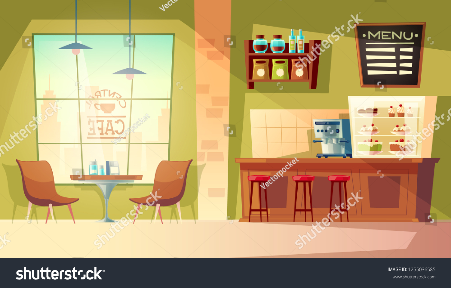 Cartoon Cafe Window Cozy Interior Coffee Stock Illustration 1255036585 ...