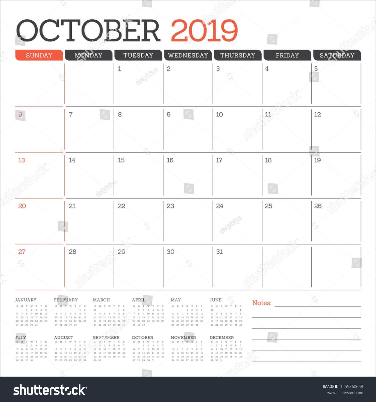 October 2019 Monthly Calendar Vector Illustration Stock Vector (Royalty ...