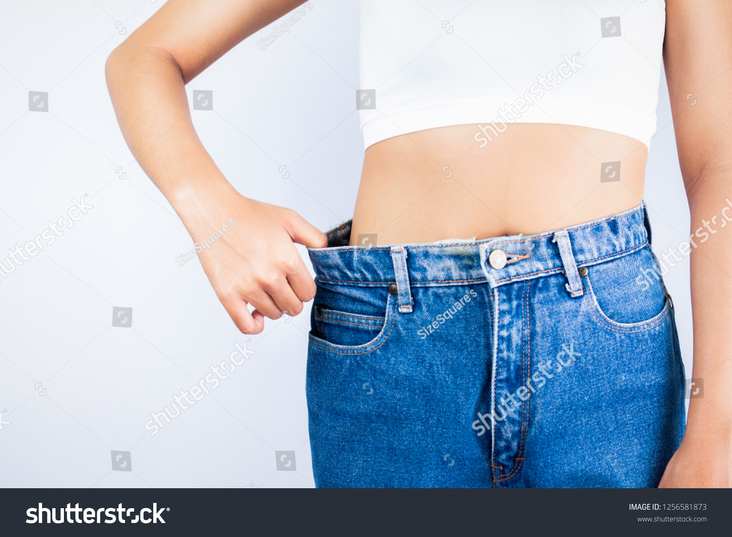 Women Shows Her Weight Loss Isolated Stock Photo Shutterstock