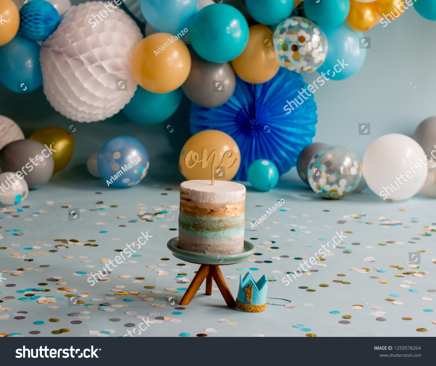 Photo Studio One Birthday Party Firts Stock Photo 1259578264 Shutterstock   Stock Photo Photo Studio Of One Birthday Party Or Firts Birthday Cake With Blue And White Ballons With Colorful 1259578264 