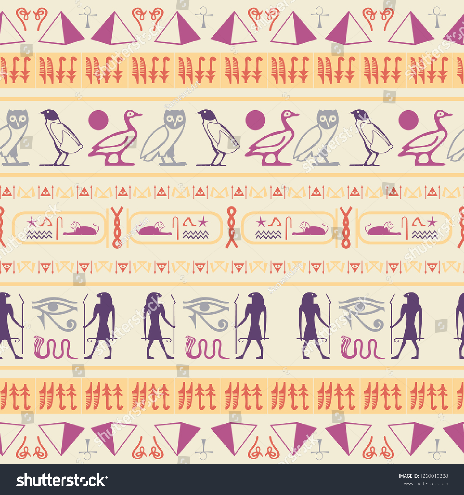 Colorful Egypt Writing Seamless Pattern Hieroglyphic Stock Vector