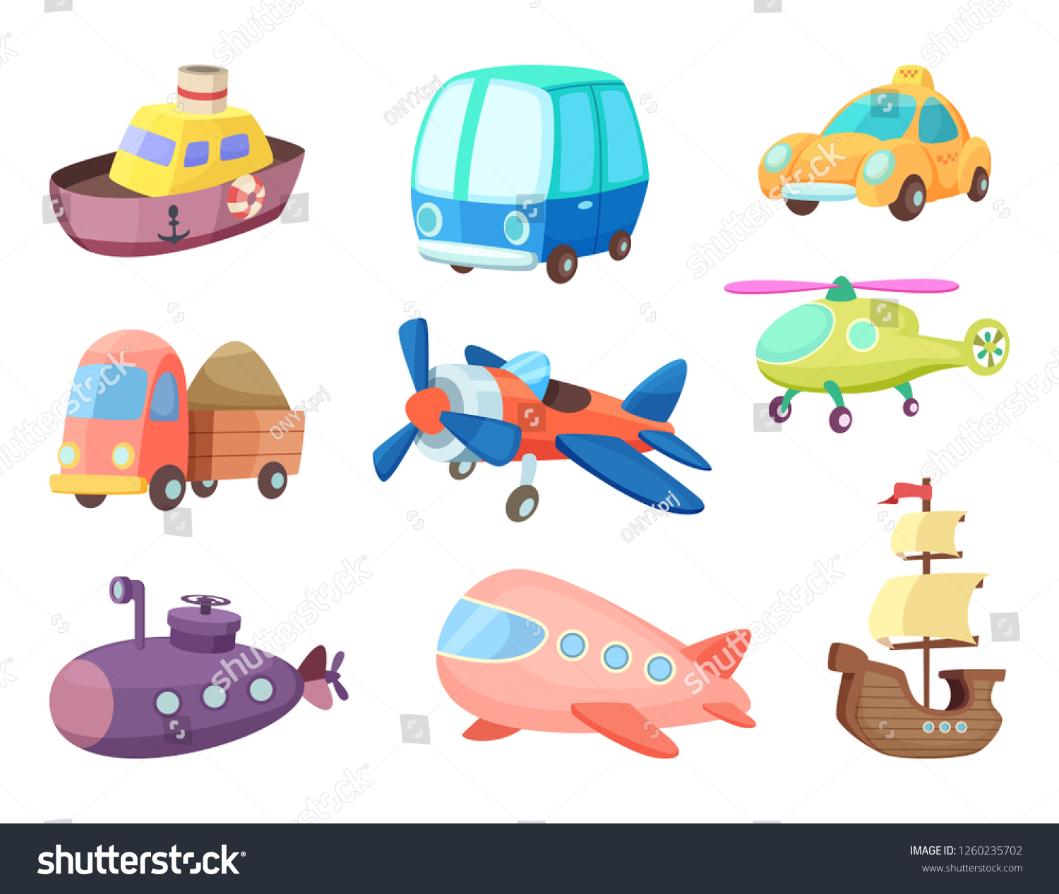 Cartoon Illustrations Various Transportation Airplanes Ship Stock ...