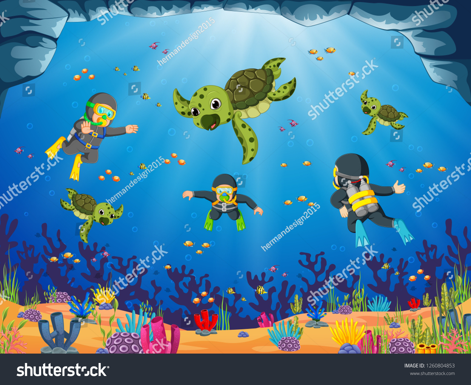 Professional Diver Diving Green Turtle Stock Illustration 1260804853 ...