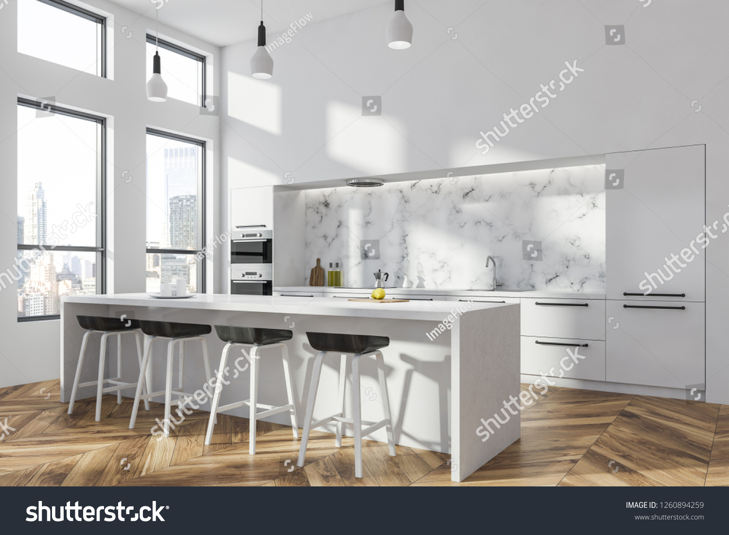 Corner Modern Kitchen Marble Walls Wooden Stock Illustration 1260894259   Stock Photo Corner Of Modern Kitchen With And Marble Walls Wooden Floor Countertops With Built In Stoves And 1260894259 