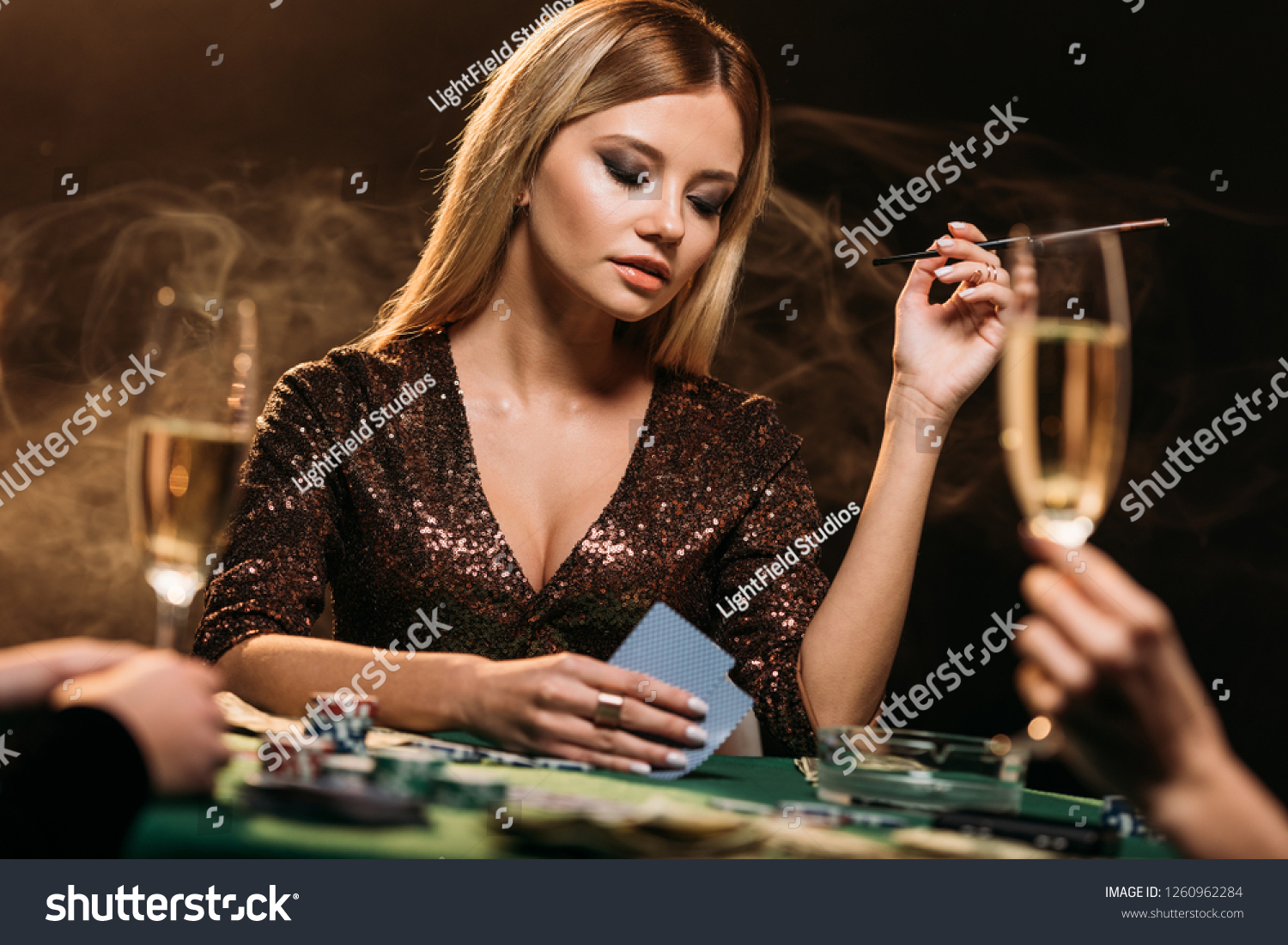 Attractive Girl Holding Cigarette Poker Cards Stock Photo 1260962284 ...