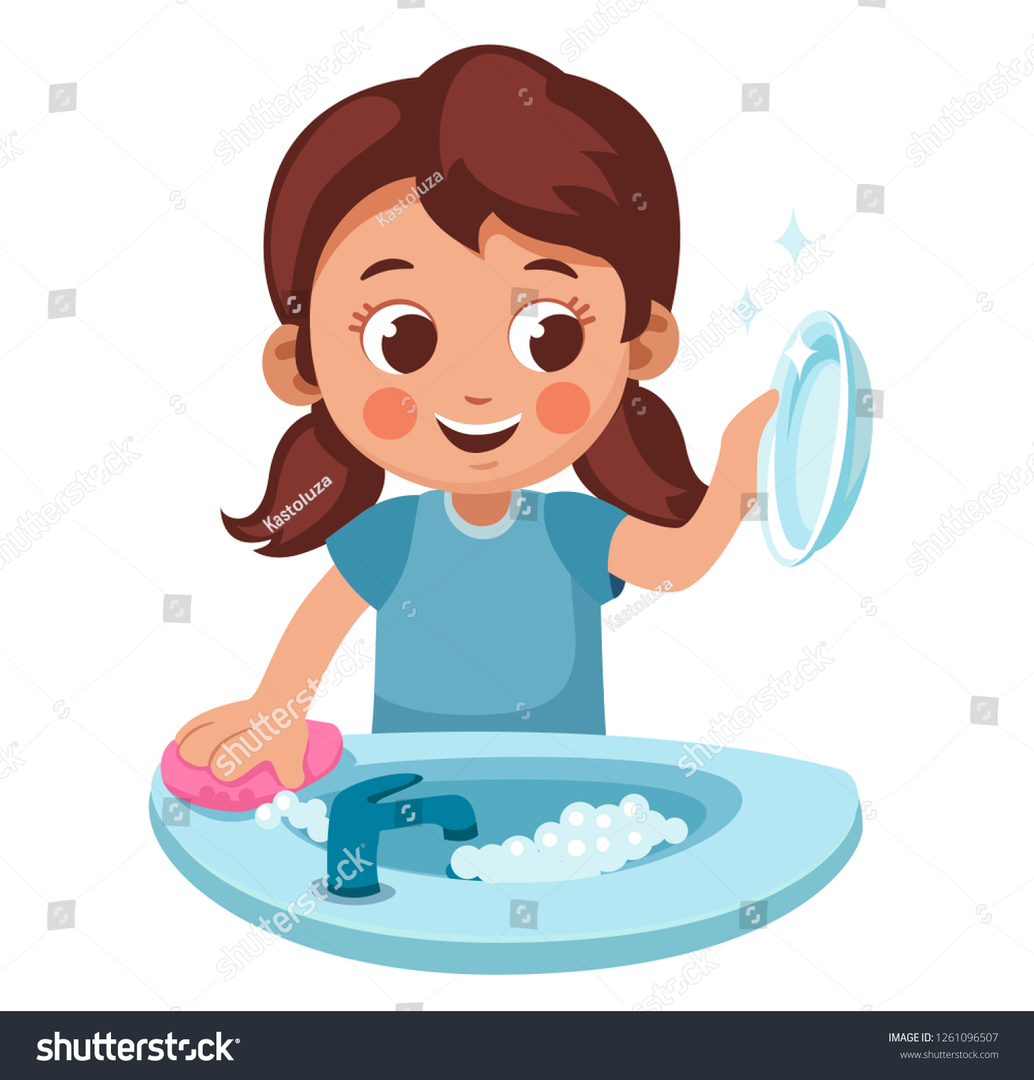 Girl Washing Dishes Admiring Clean Plate Stock Vector (Royalty Free ...